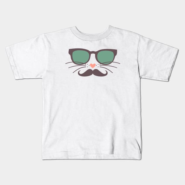 Hipster Cat Face Green Glasses Mustache Kids T-Shirt by FlashMac